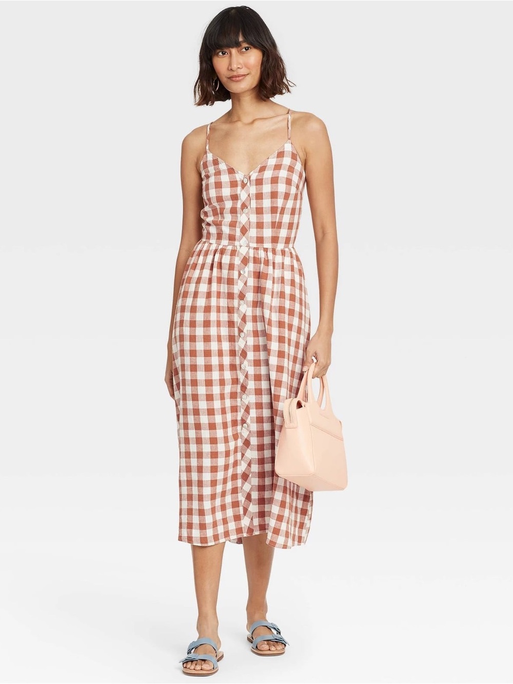 a new day Rust & White Gingham Button-Front Midi Dress